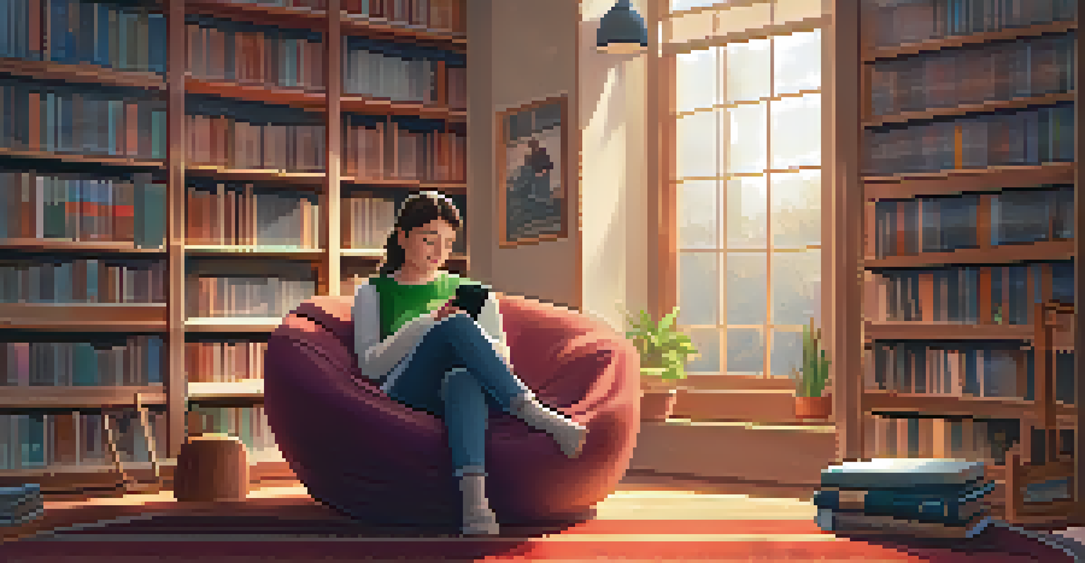 A student using a mindfulness app on their phone in a cozy library corner.