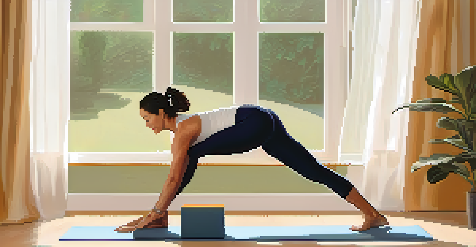A yoga instructor showing a modified forward fold pose with blocks, in a cozy home setting.