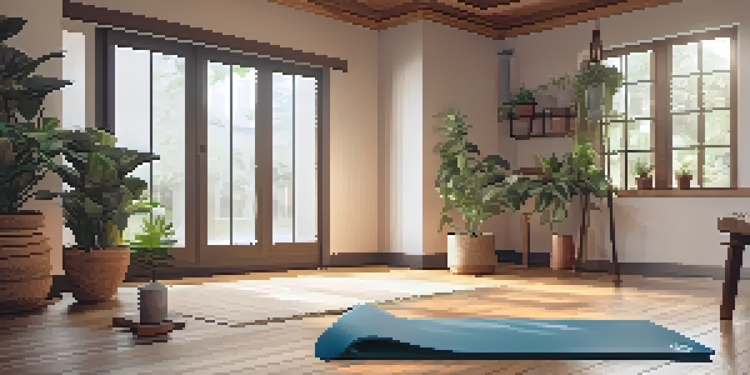 An indoor yoga space with soft lighting, featuring a yoga mat and props like blocks and straps, surrounded by a potted plant, creating a calming atmosphere.