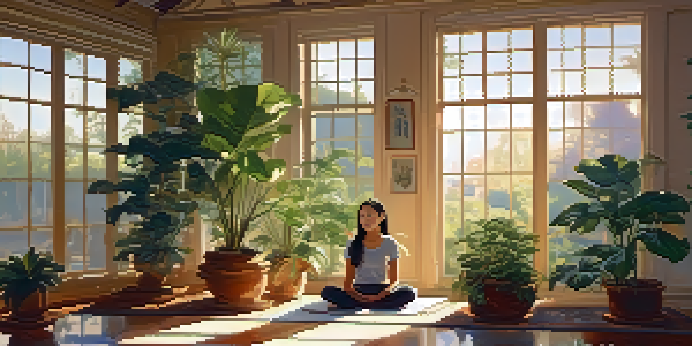A person practicing deep belly breathing in a peaceful indoor space, surrounded by plants and a water fountain, with sunlight streaming in.