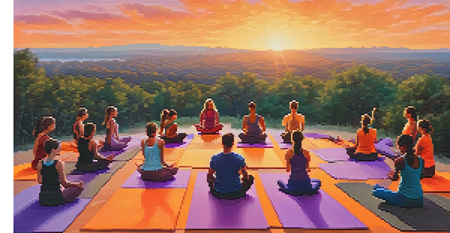 An outdoor yoga class at sunset with practitioners in a circle on colorful mats.