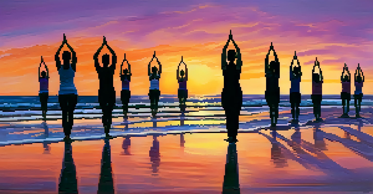 A group of yogis practicing Vinyasa Flow on a beach during sunset, silhouetted against a colorful sky.