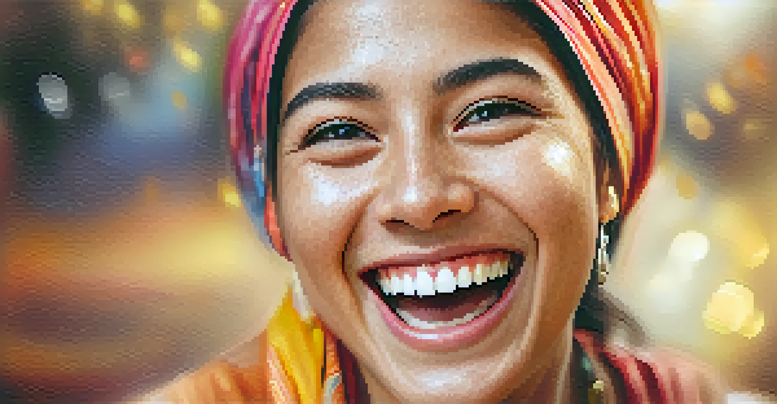 A close-up of a person laughing joyfully during a laughter yoga session, highlighting their happy expression and sparkling eyes.