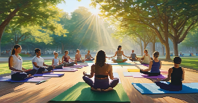 A diverse group of people practicing yoga in a park during sunrise, surrounded by greenery and colorful mats.