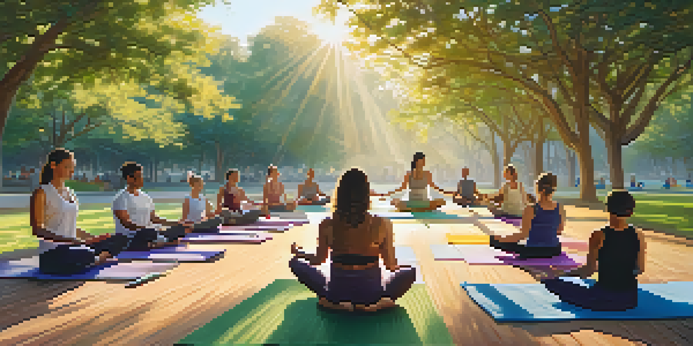 A diverse group of people practicing yoga in a park during sunrise, surrounded by greenery and colorful mats.