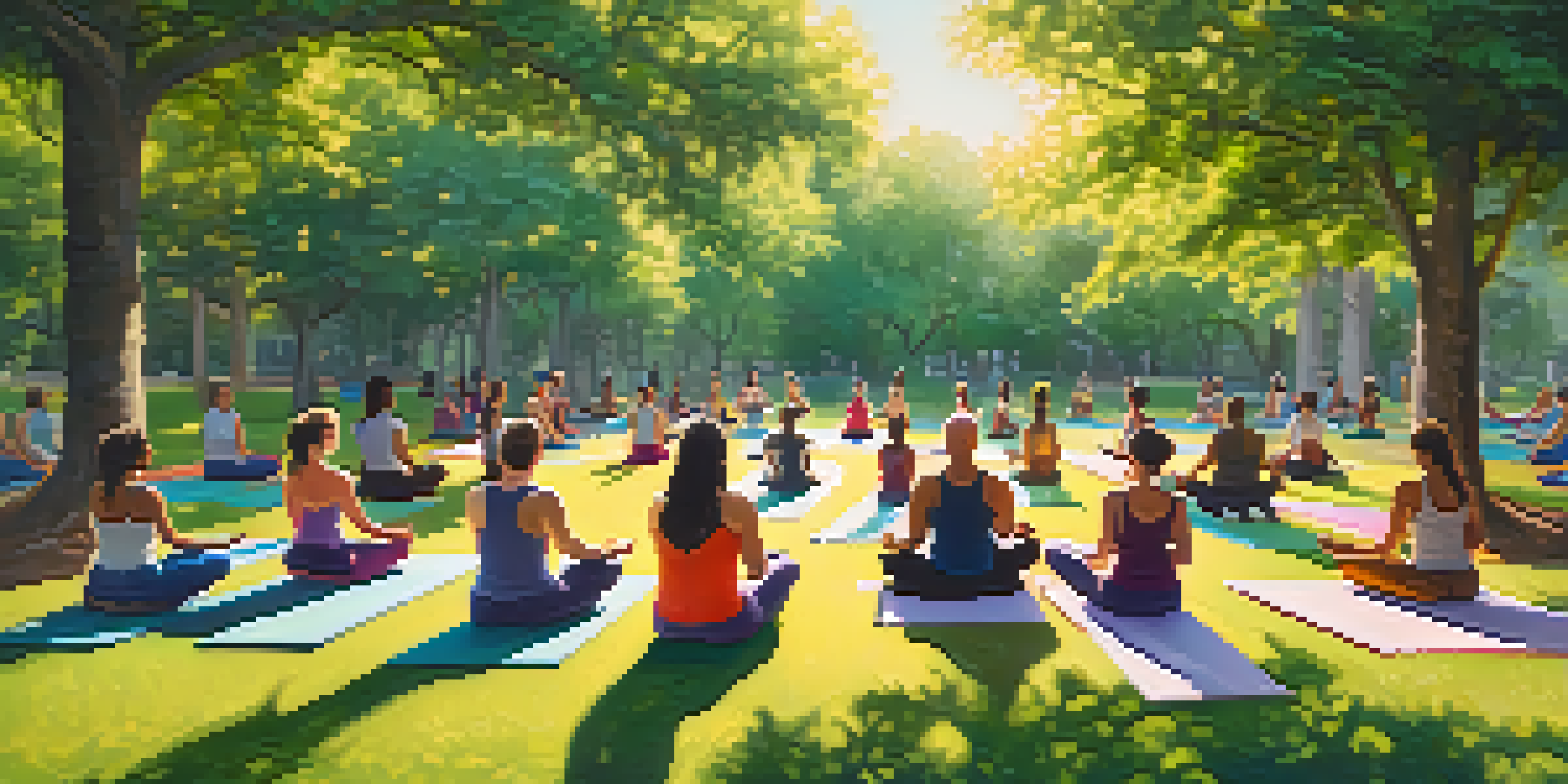 A diverse group of people practicing yoga in a sunny park, surrounded by trees and colorful yoga mats, highlighting inclusivity.