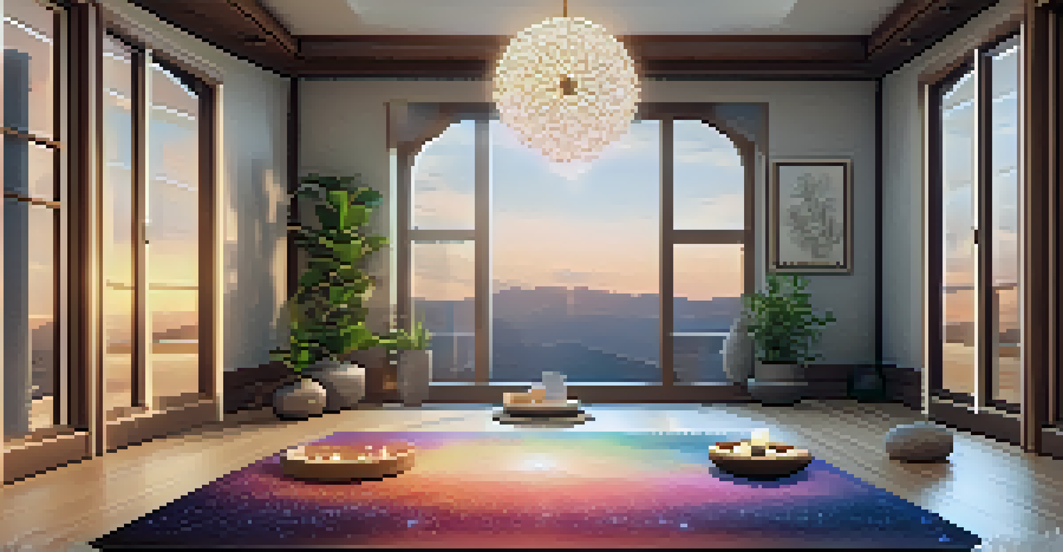 A cozy home yoga and aromatherapy space with soft lighting, a yoga mat, crystals, and a diffuser emitting mist.