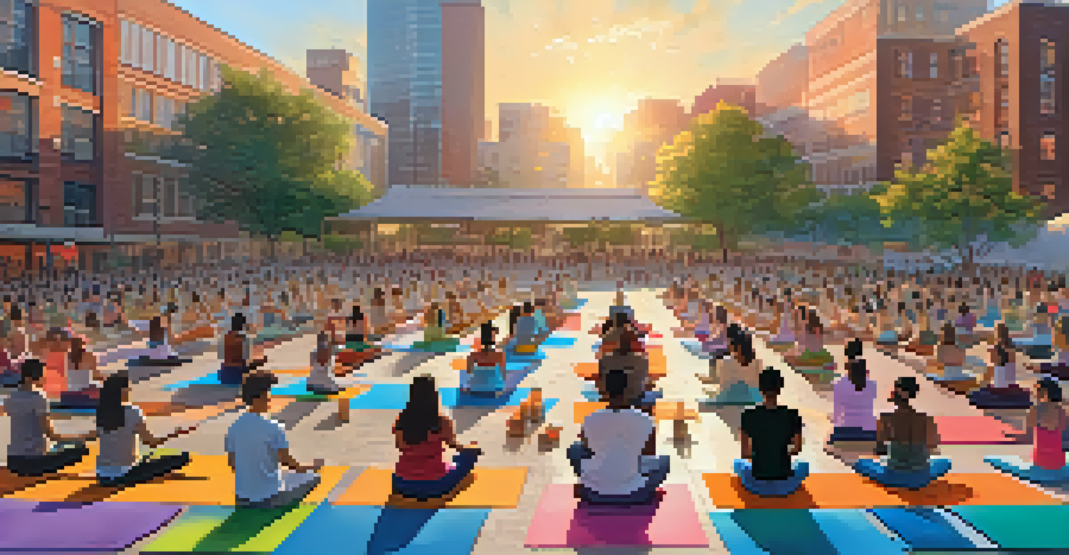 A community yoga event outdoors with diverse participants practicing together on a large mat, surrounded by colorful banners.