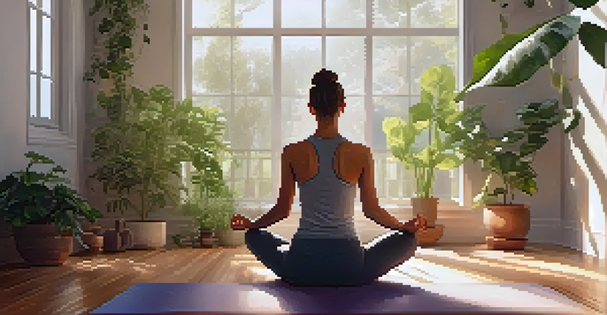 A woman performing a seated forward bend yoga pose in a sunlit studio surrounded by plants.