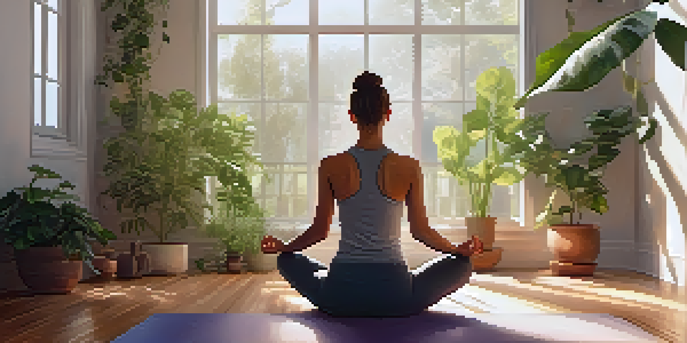 A woman performing a seated forward bend yoga pose in a sunlit studio surrounded by plants.