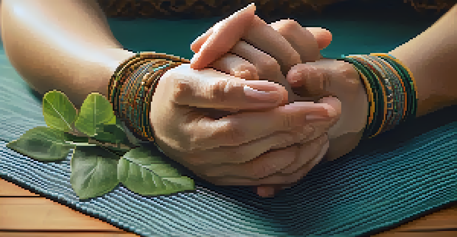 Close-up of hands in a meditative pose on a textured yoga mat surrounded by greenery.