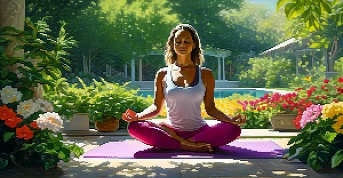 A yoga practitioner sitting cross-legged in a peaceful garden, practicing breath control with a serene expression.