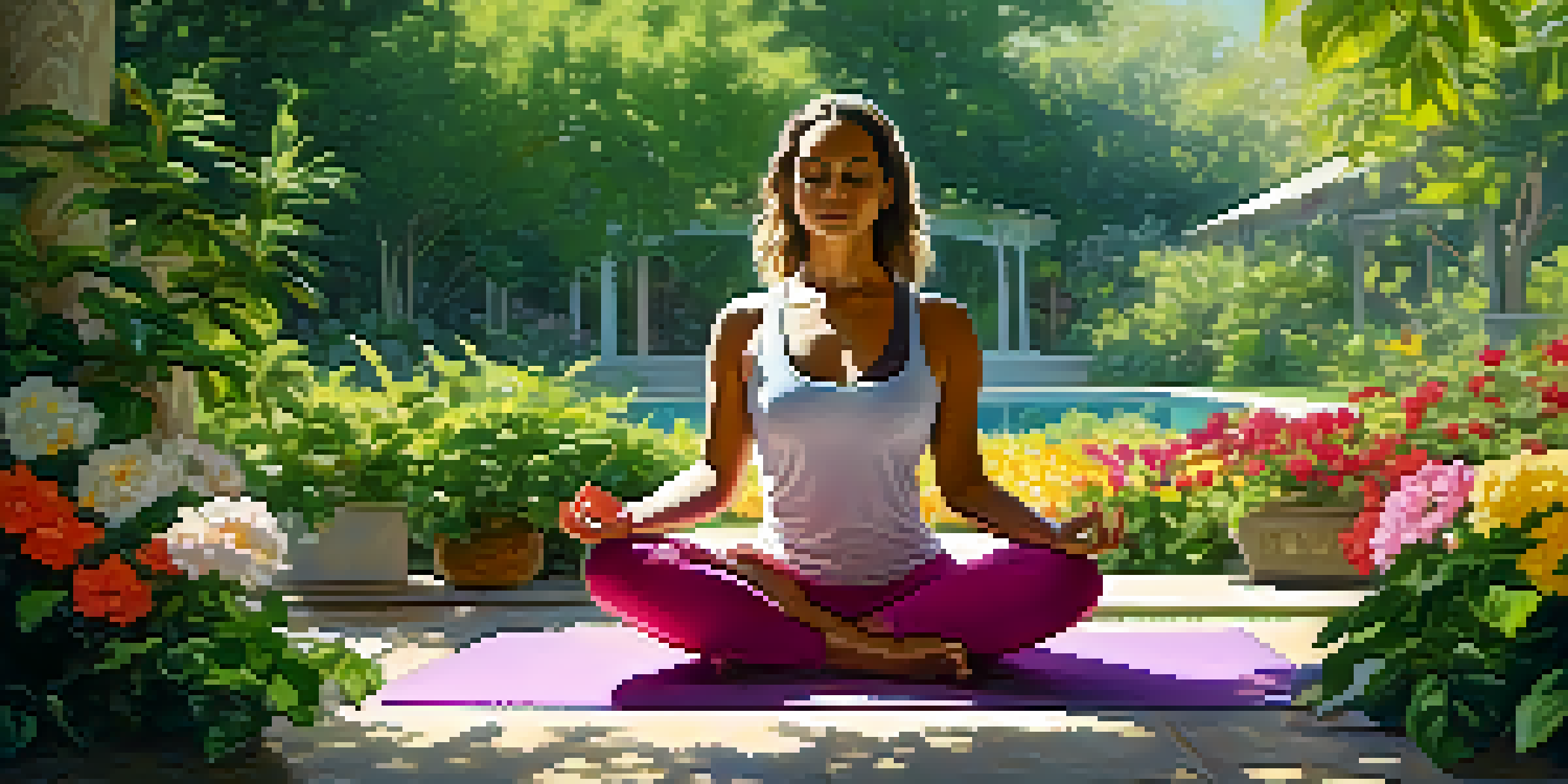A yoga practitioner sitting cross-legged in a peaceful garden, practicing breath control with a serene expression.