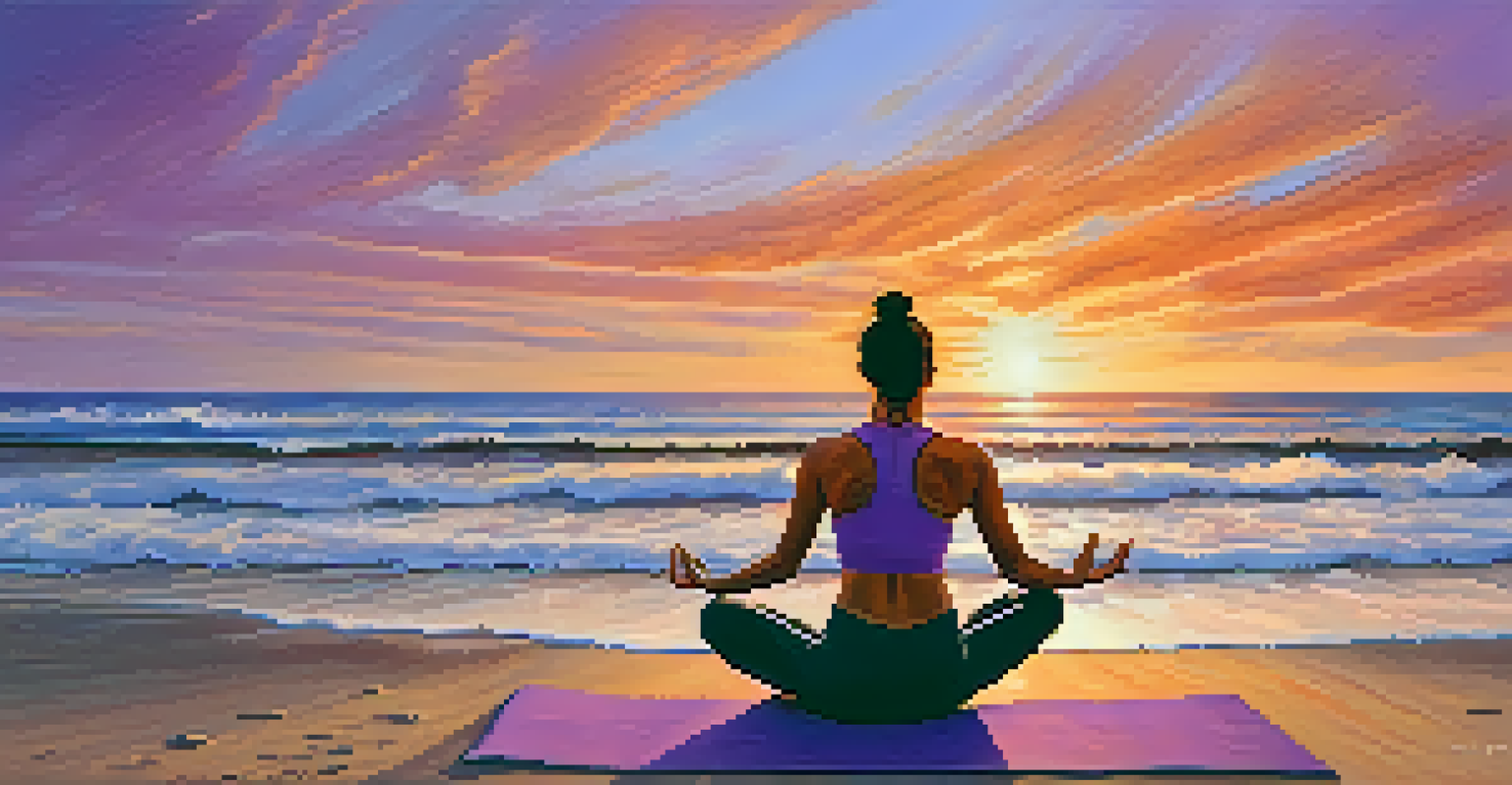 A person practicing yoga on a beach at sunset, with vibrant colors in the sky and calm waves in the background.