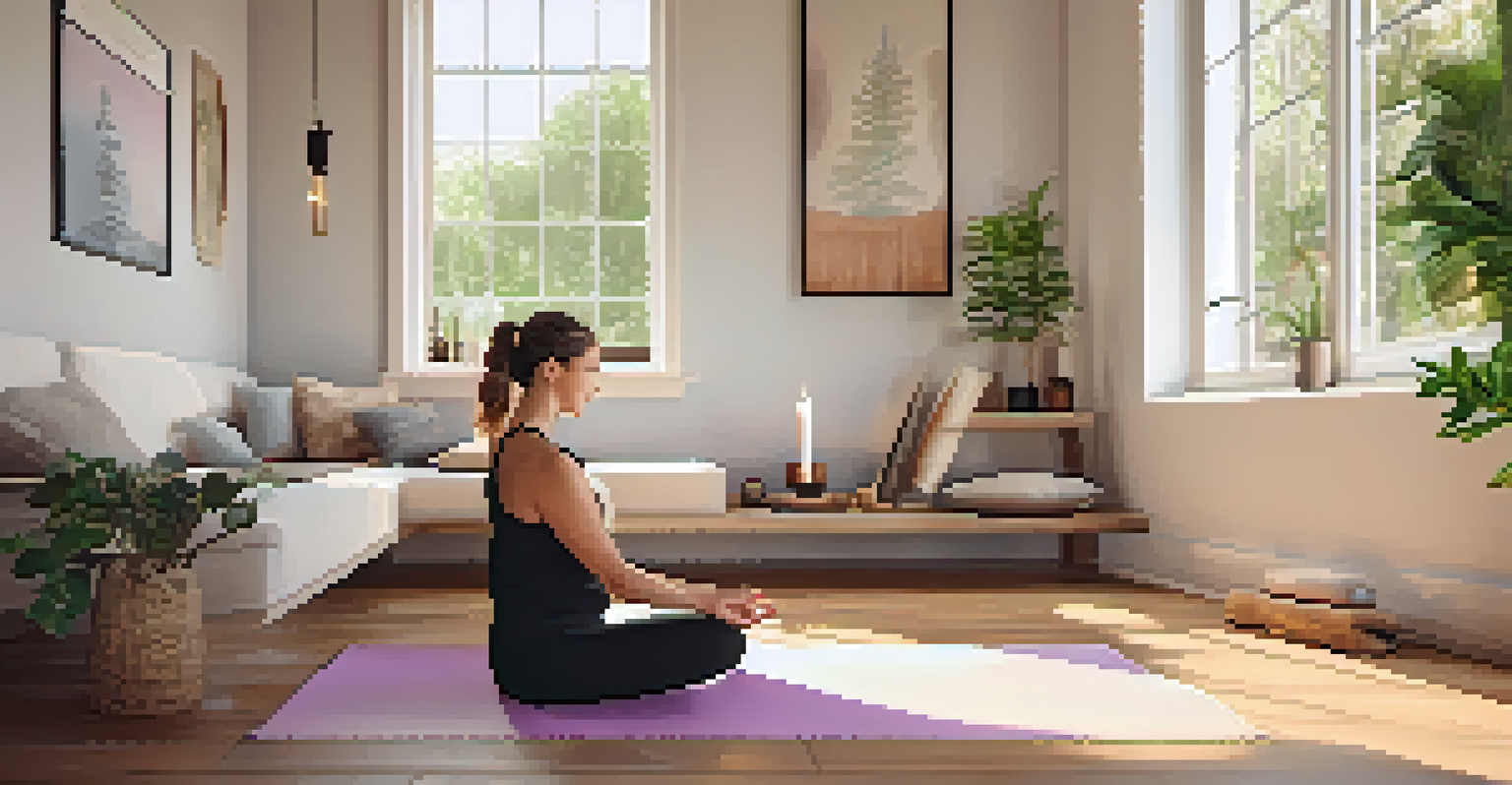 A cozy home yoga space featuring a yoga mat, cushions, essential oils, and a person meditating in a warm, natural light.
