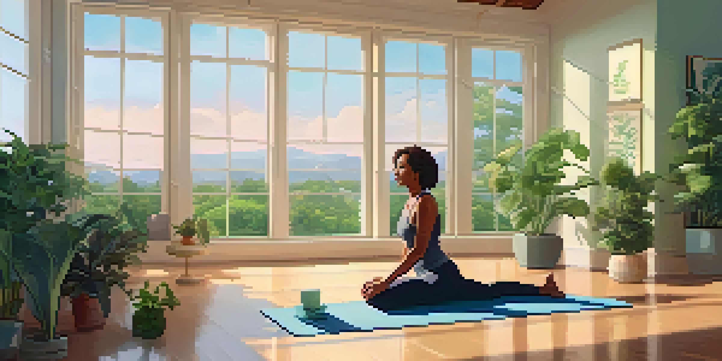 A middle-aged woman practicing yoga in a bright office space filled with plants and motivational quotes.