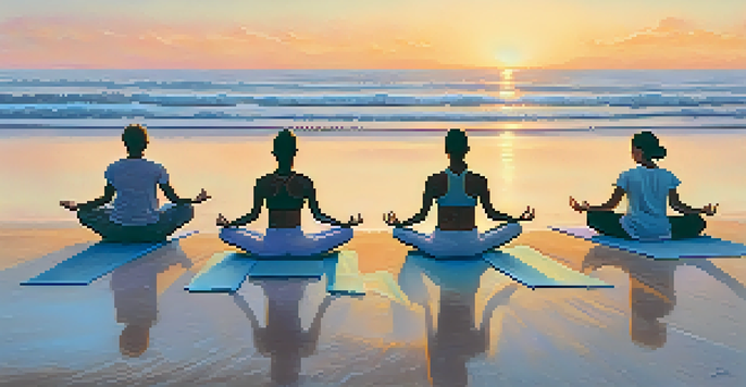 A diverse group of individuals practicing yoga at sunrise on a beach, with soft pastel colors in the sky and calm waves in the background.