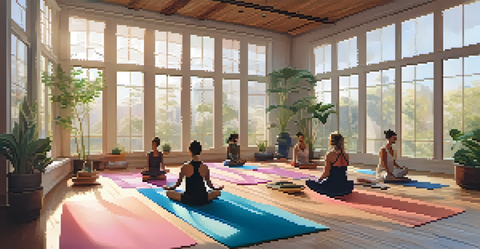 A diverse group of individuals practicing yoga in a bright, peaceful studio filled with plants and wooden decor.