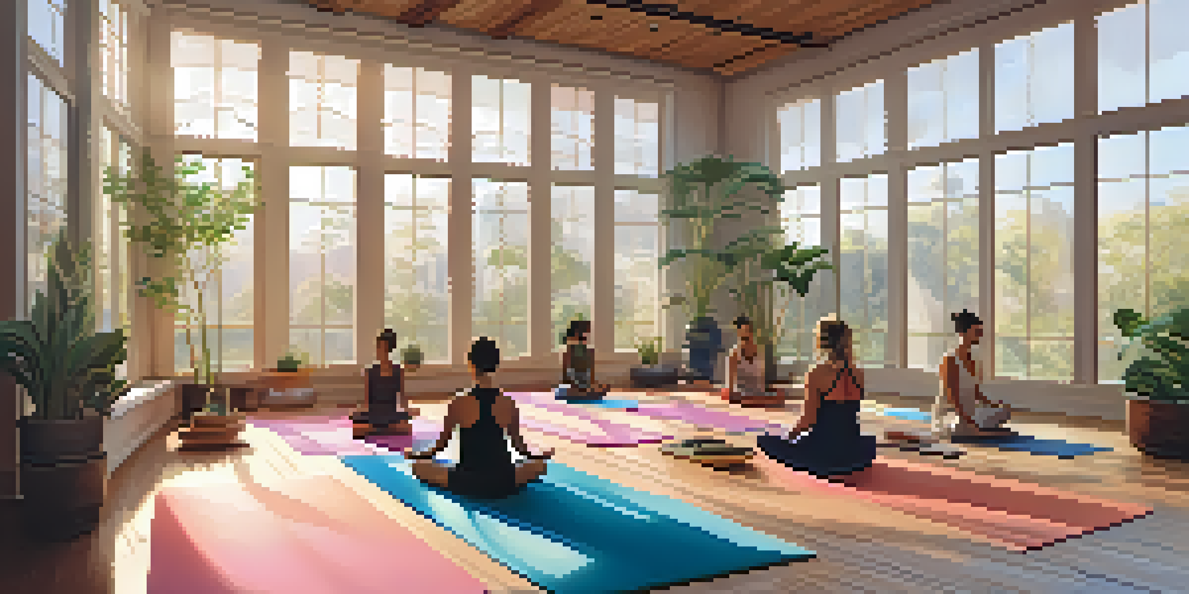 A diverse group of individuals practicing yoga in a bright, peaceful studio filled with plants and wooden decor.