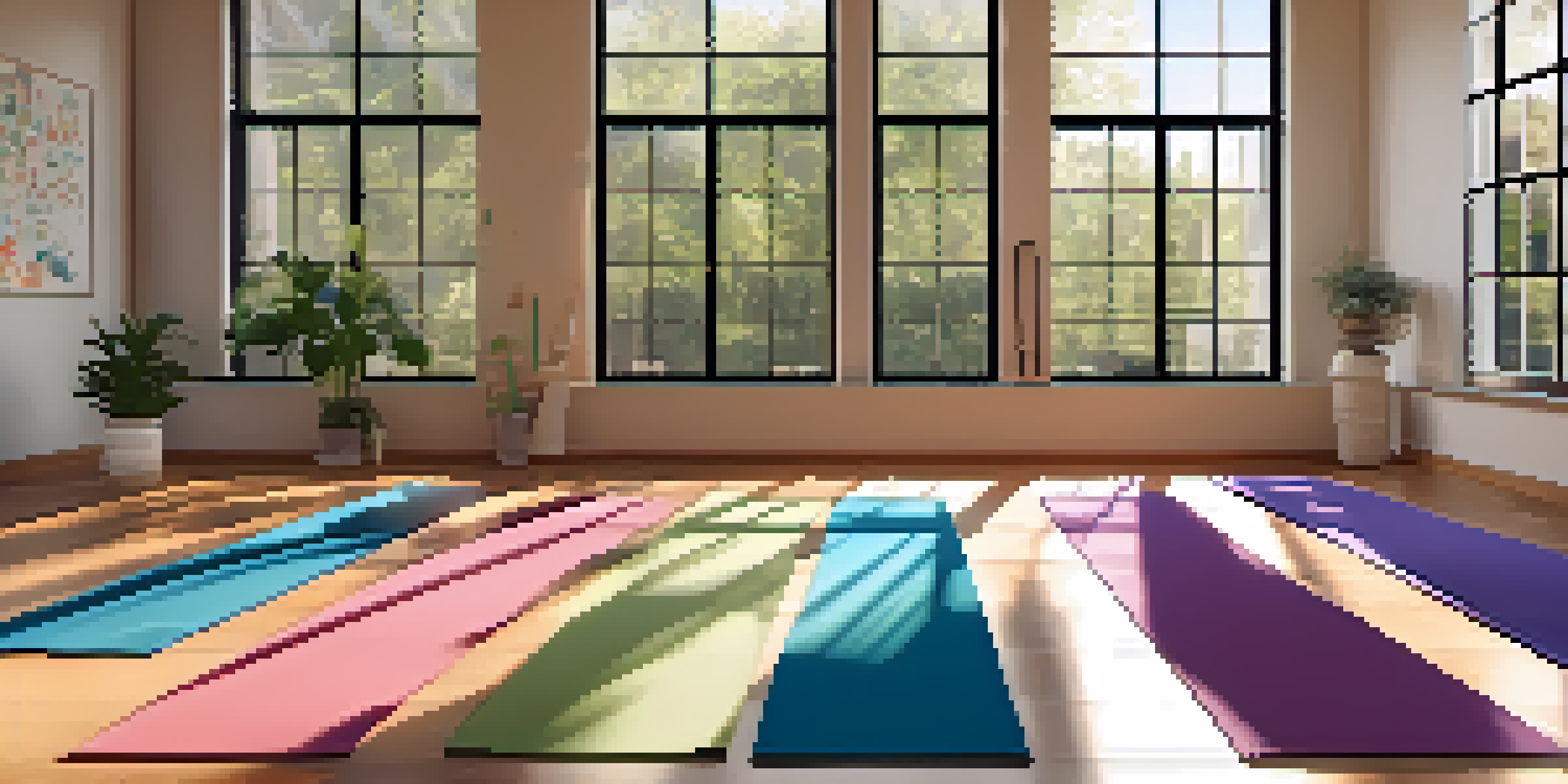 A bright yoga studio filled with colorful mats on a wooden floor, illuminated by natural light from large windows.