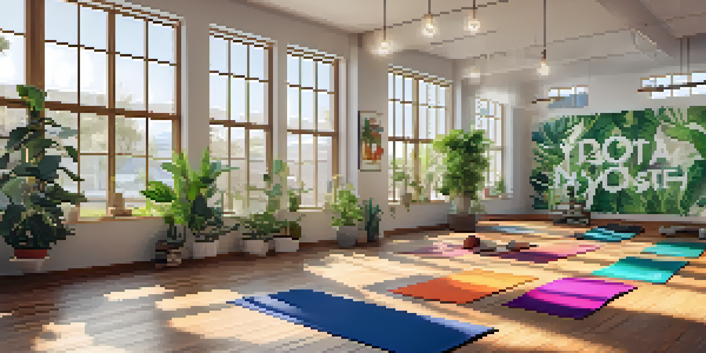 A yoga studio filled with diverse people practicing yoga, surrounded by plants and natural light.