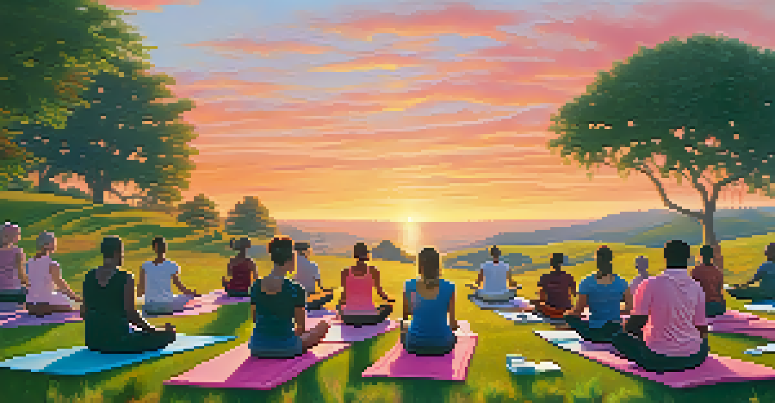 A diverse group of individuals practicing yoga on a grassy hill at sunrise with a colorful sky.