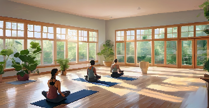 A peaceful yoga studio with natural light and a diverse group practicing yoga, surrounded by greenery.