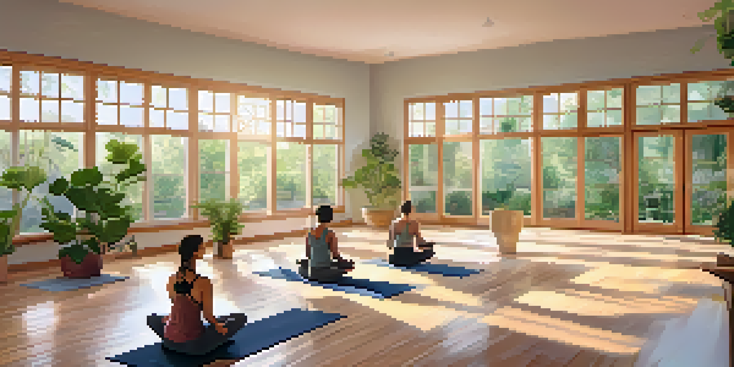 A peaceful yoga studio with natural light and a diverse group practicing yoga, surrounded by greenery.