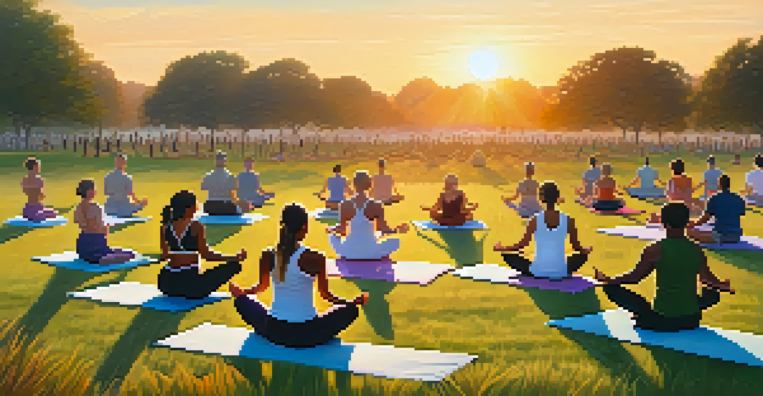 A group of people practicing yoga outdoors at sunrise, with the sun casting warm colors on the scene.