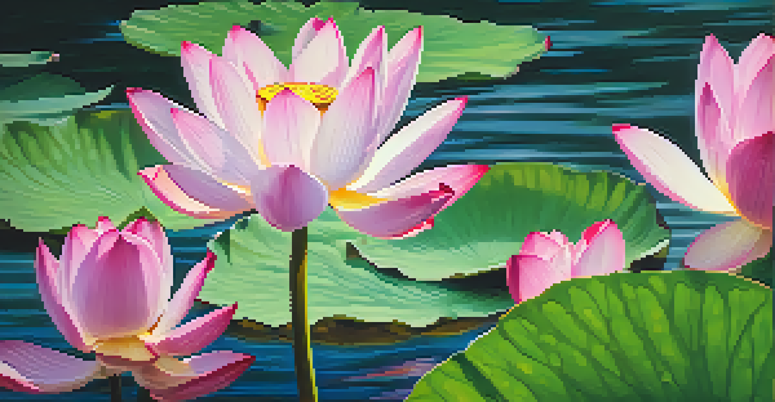 A close-up of a blooming lotus flower in a serene pond, symbolizing growth and enlightenment.