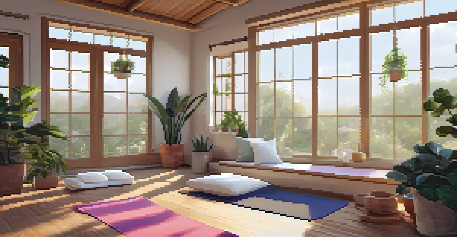 A cozy indoor yoga space with sunlight, plants, and calming decor, creating a peaceful atmosphere.