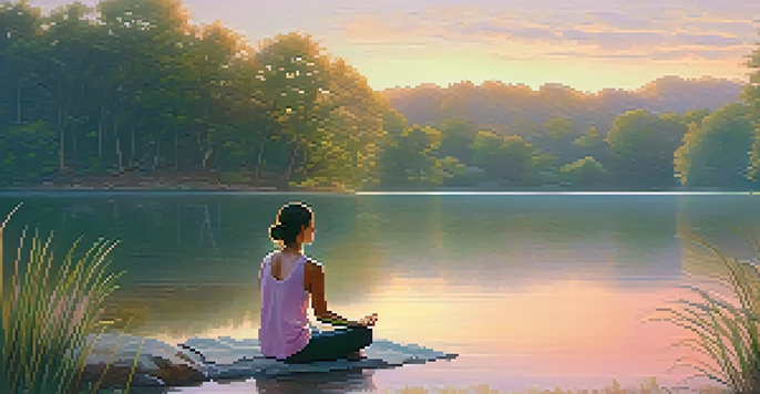 A person meditating by a tranquil lake at sunrise, surrounded by greenery, practicing breath control with a calm expression.