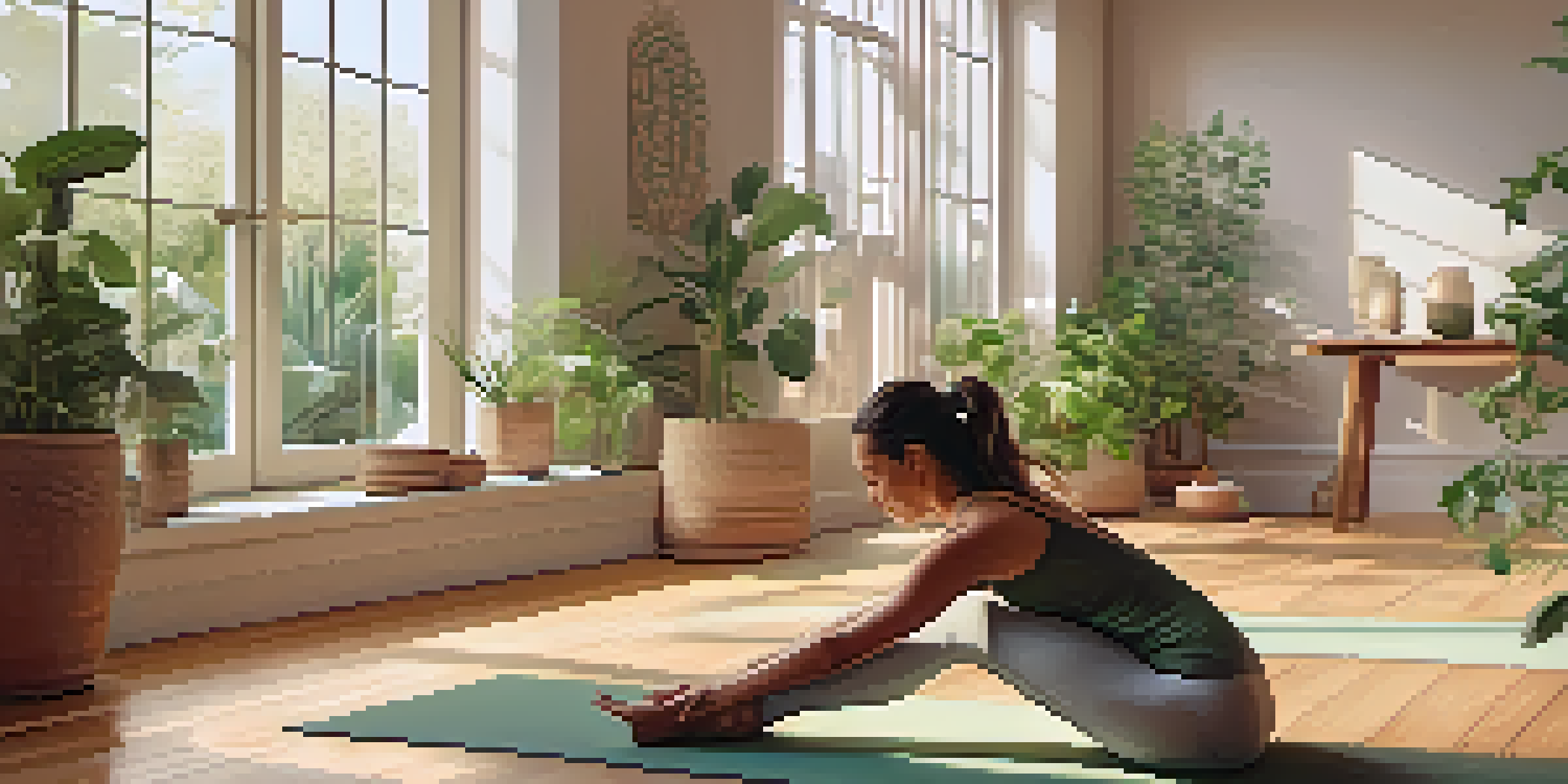 A woman practicing yoga in a bright and peaceful studio, surrounded by plants and soft natural light.