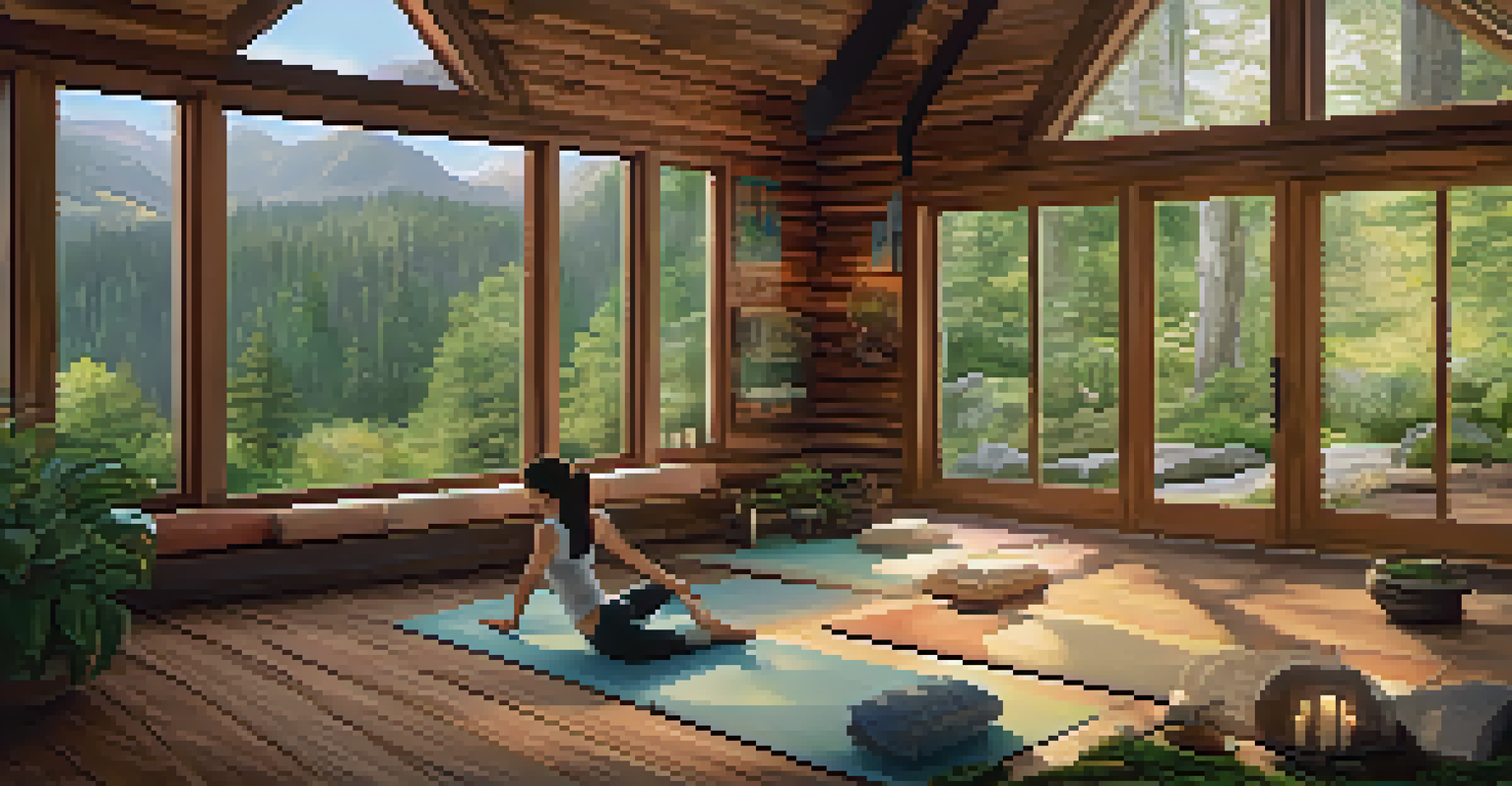 A cozy cabin interior with participants meditating, surrounded by natural wood textures and soft cushions, with large windows showing greenery outside.