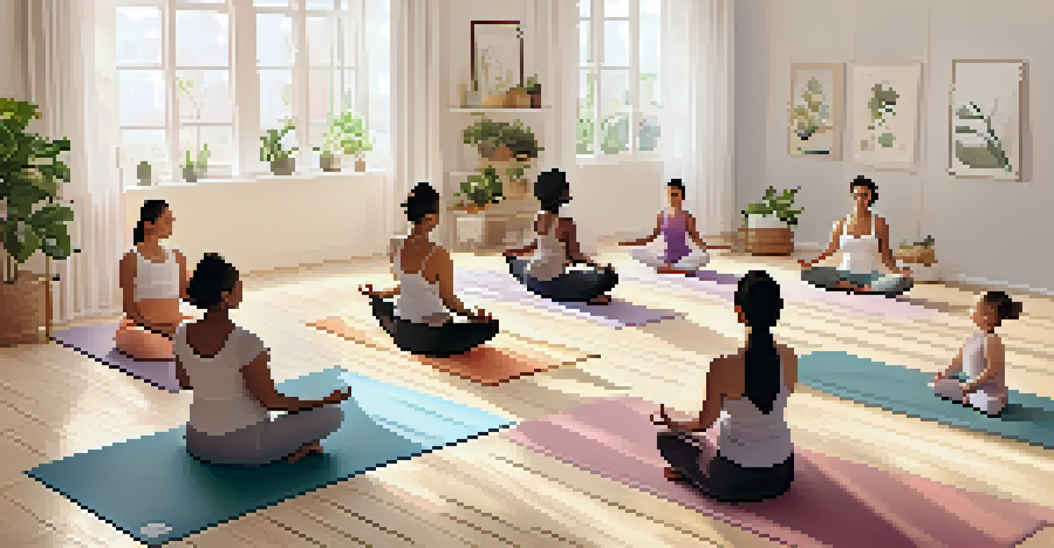 A group of new mothers practicing yoga together in a supportive environment, some with babies in slings.