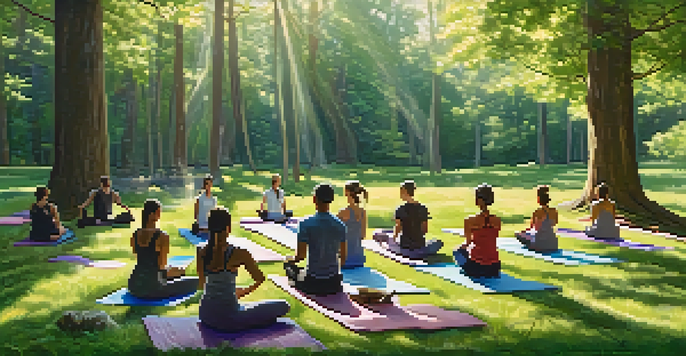 An outdoor yoga class in a forest clearing, with participants practicing yoga on green grass.