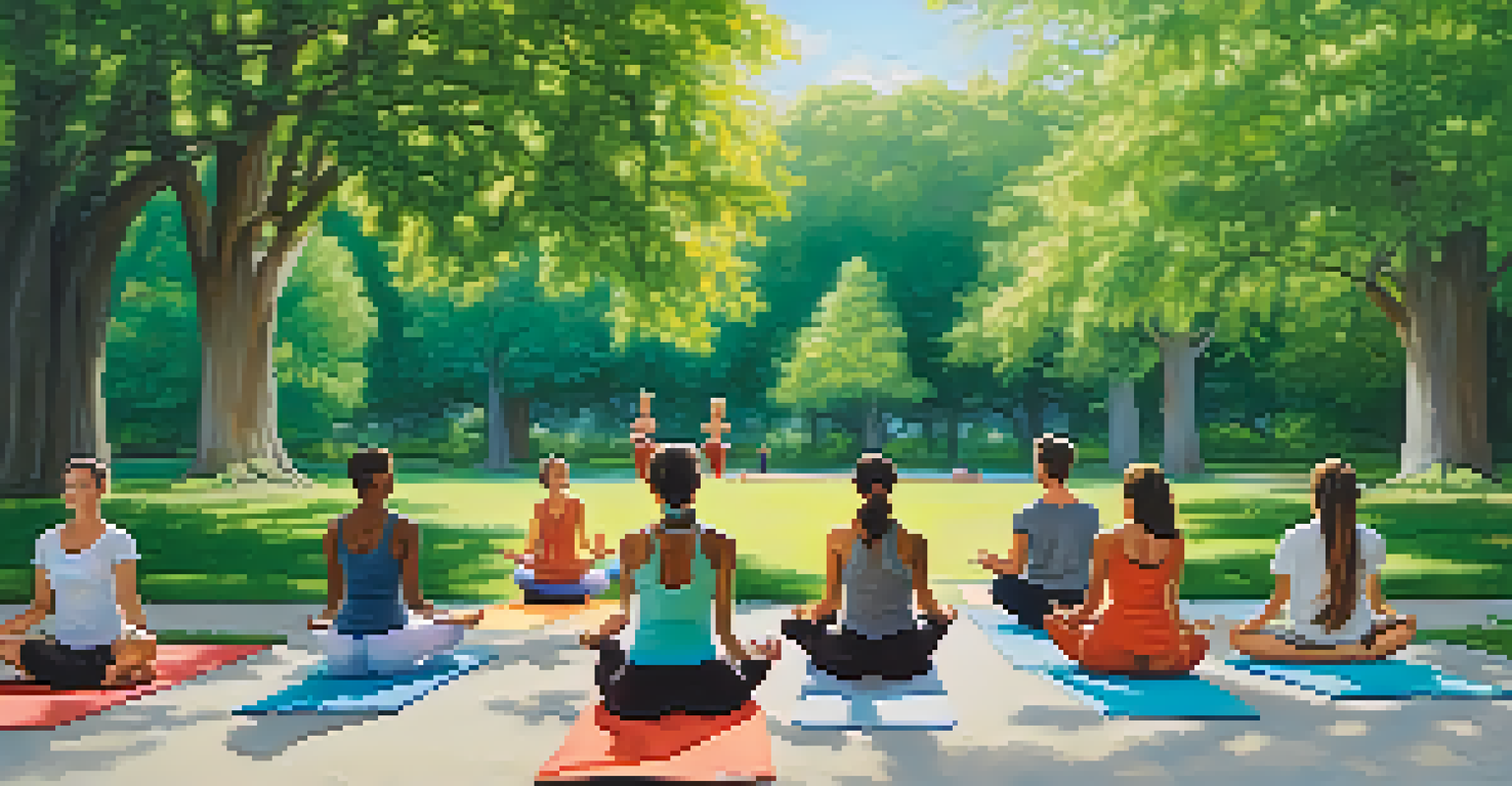 A diverse group of individuals practicing one-legged yoga poses in a green park, showcasing various poses and a bright, sunny day.