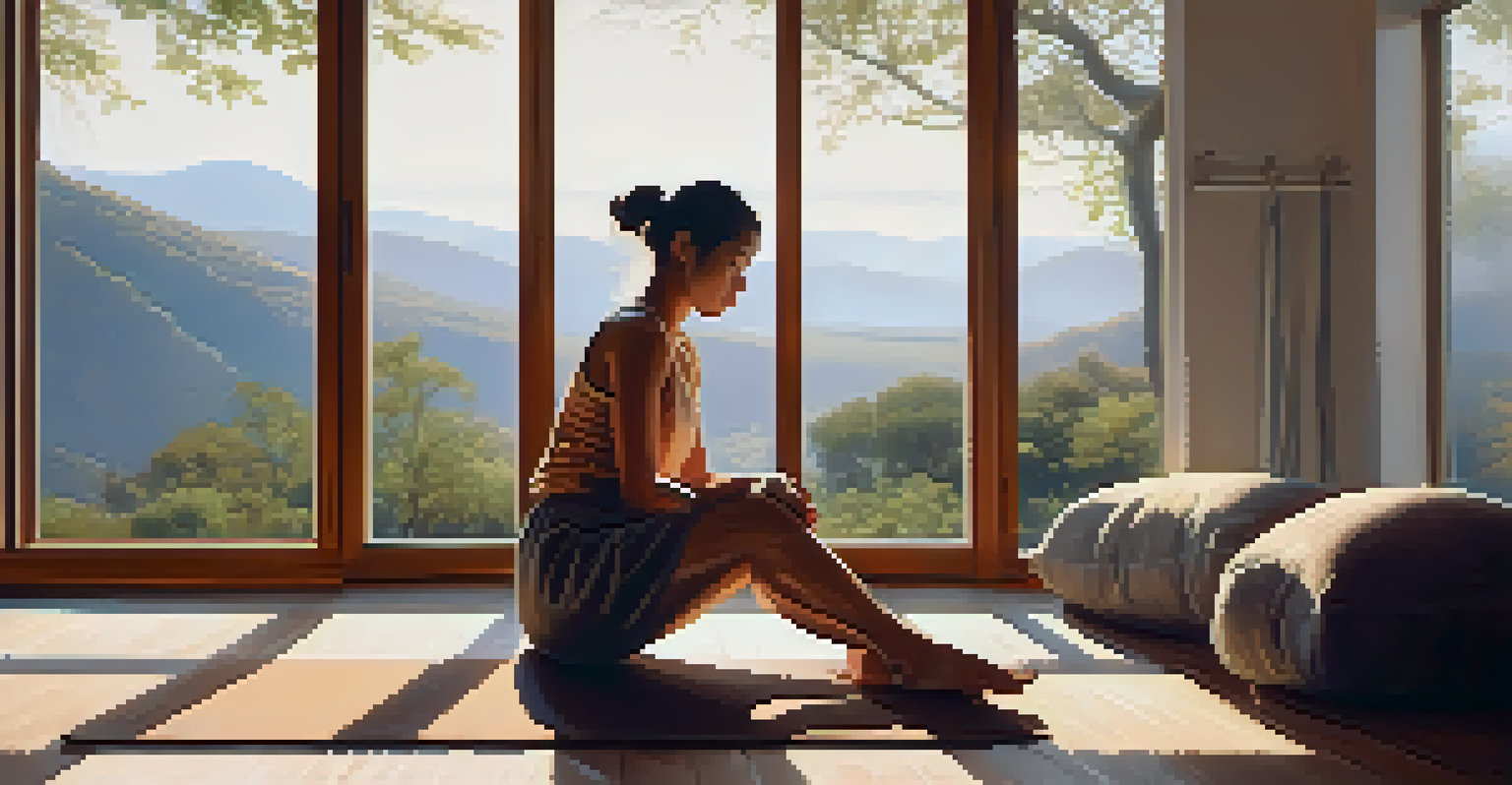 A person doing Seated Forward Bend in a sunlit room with cushions and a view of nature outside.