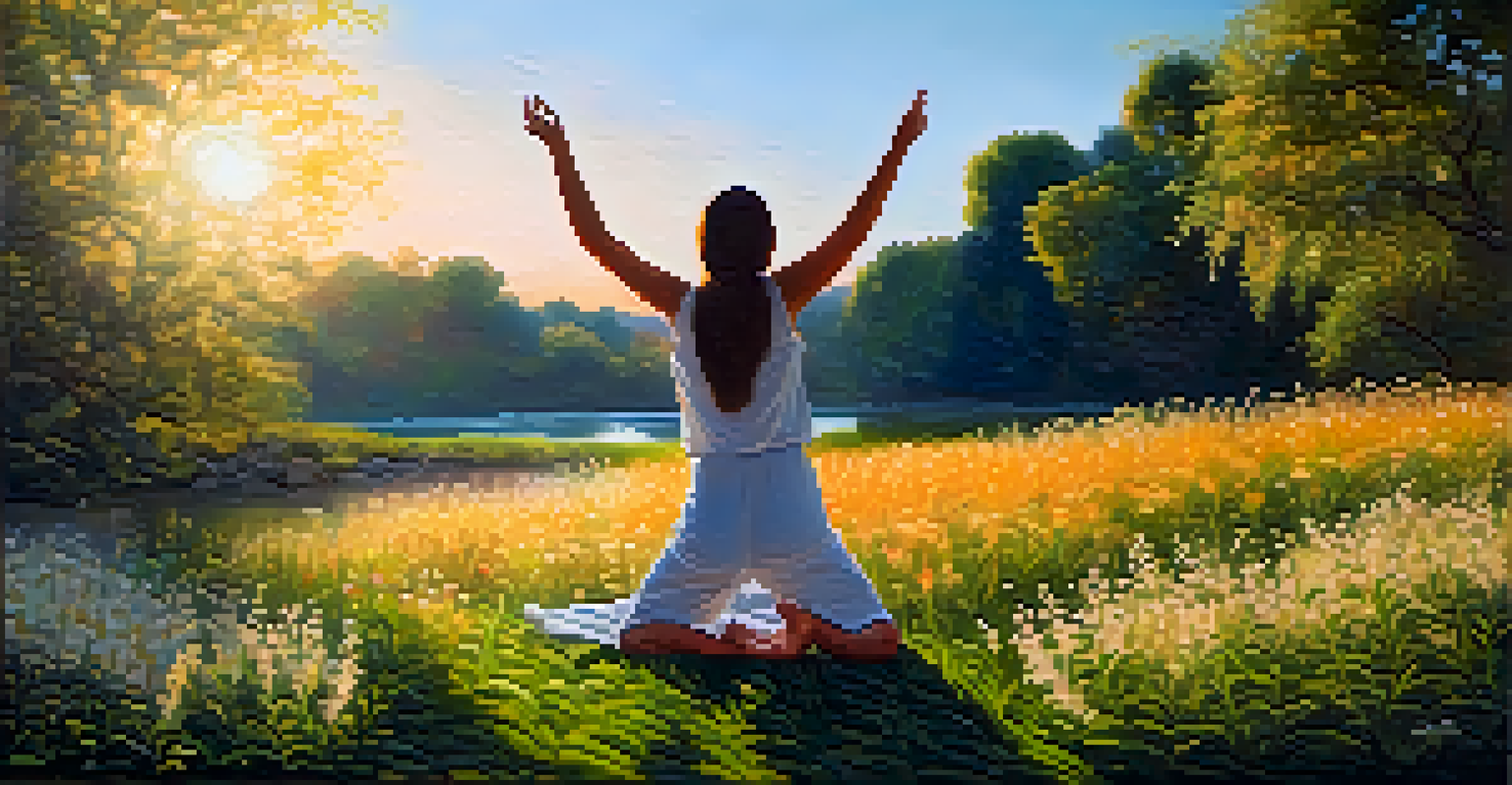 A person practicing Ujjayi breathing in a beautiful garden at sunset, surrounded by greenery and flowers.