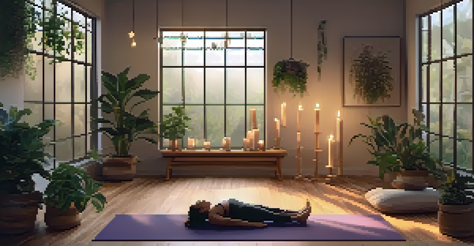 A person meditating in a cozy yoga studio with soft lighting, candles, and plants, creating a peaceful and mindful environment.