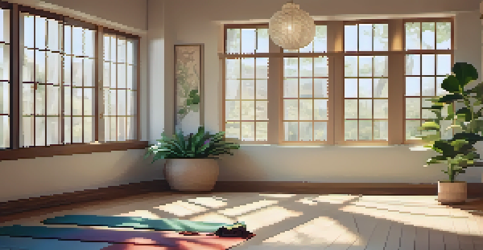 A peaceful yoga studio with soft lighting, a yoga mat in the center, calming artwork on the walls, and an indoor plant.