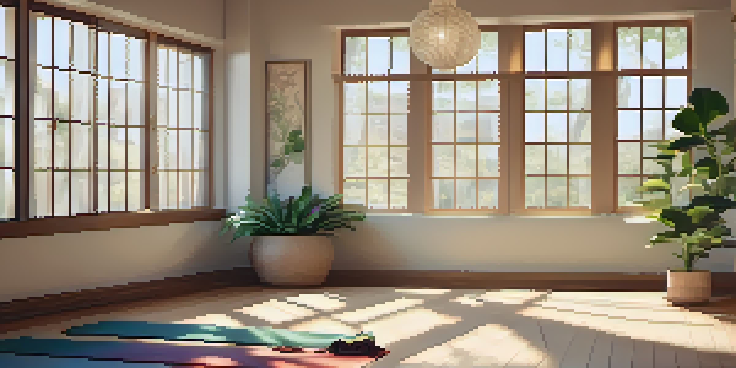 A peaceful yoga studio with soft lighting, a yoga mat in the center, calming artwork on the walls, and an indoor plant.