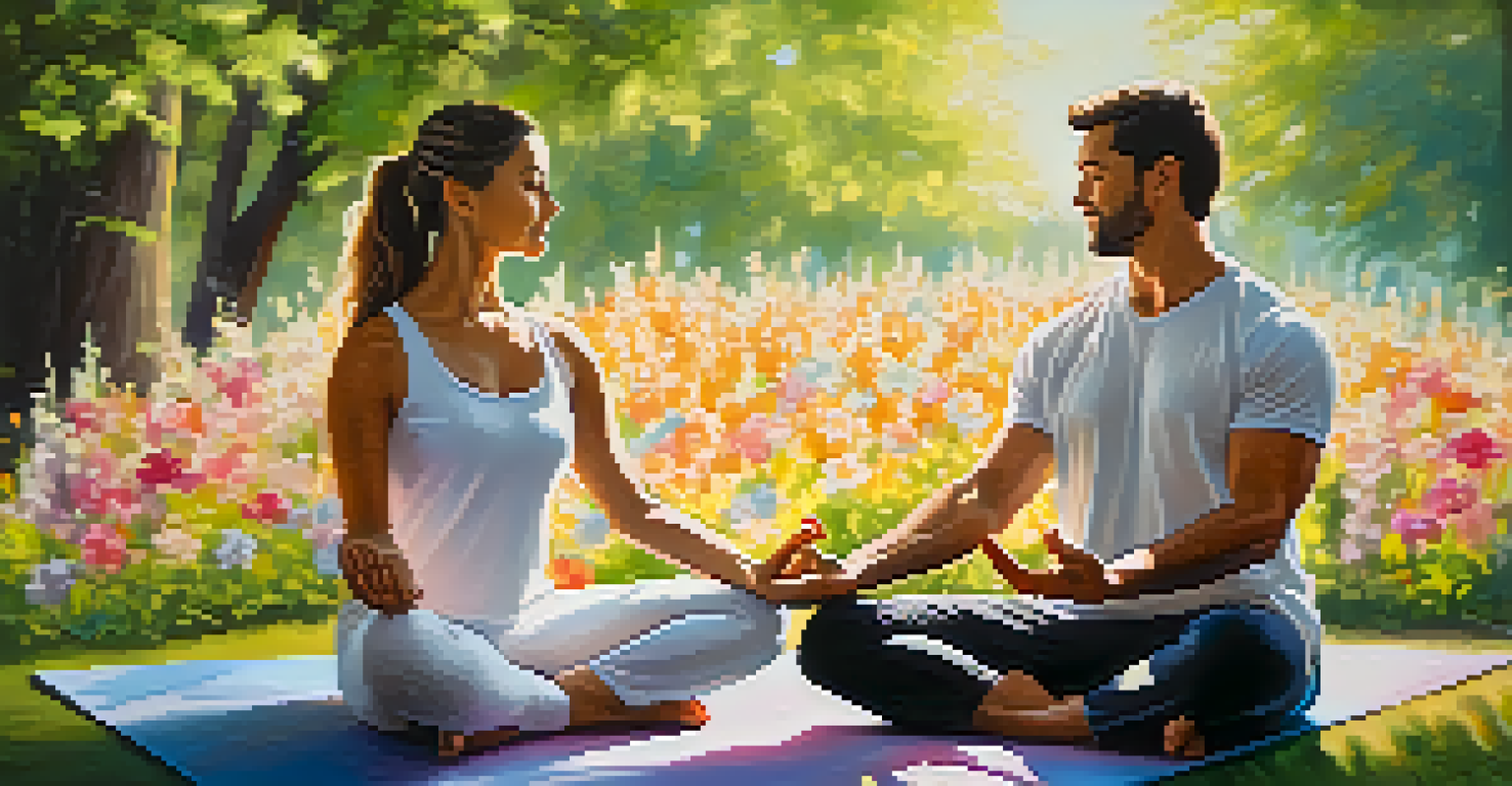 A couple practicing yoga in a sunlit park with blooming flowers, engaged in a partner pose that showcases trust and connection.