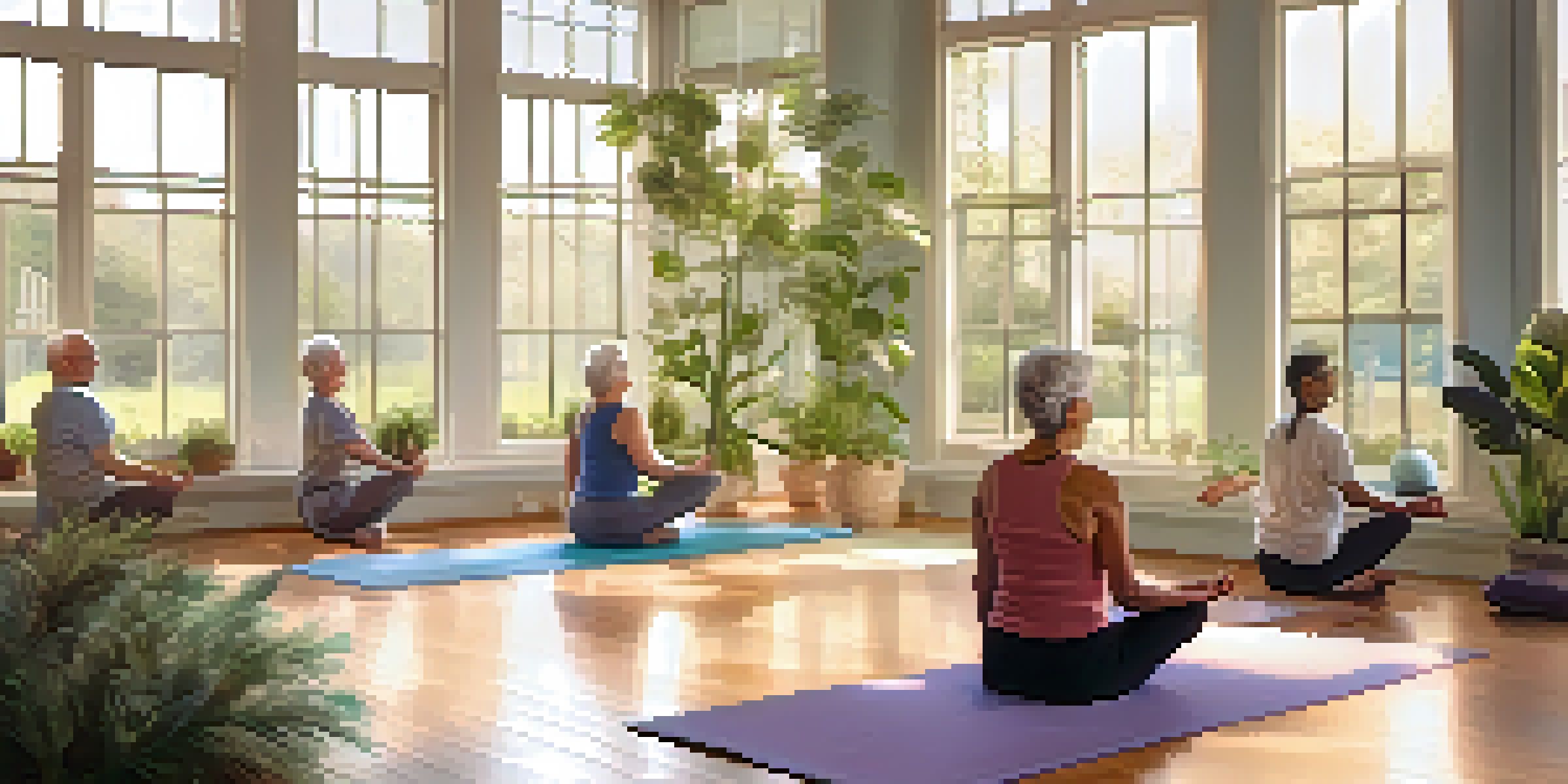 A peaceful yoga studio where seniors practice gentle yoga amidst soft lighting and calming plants.