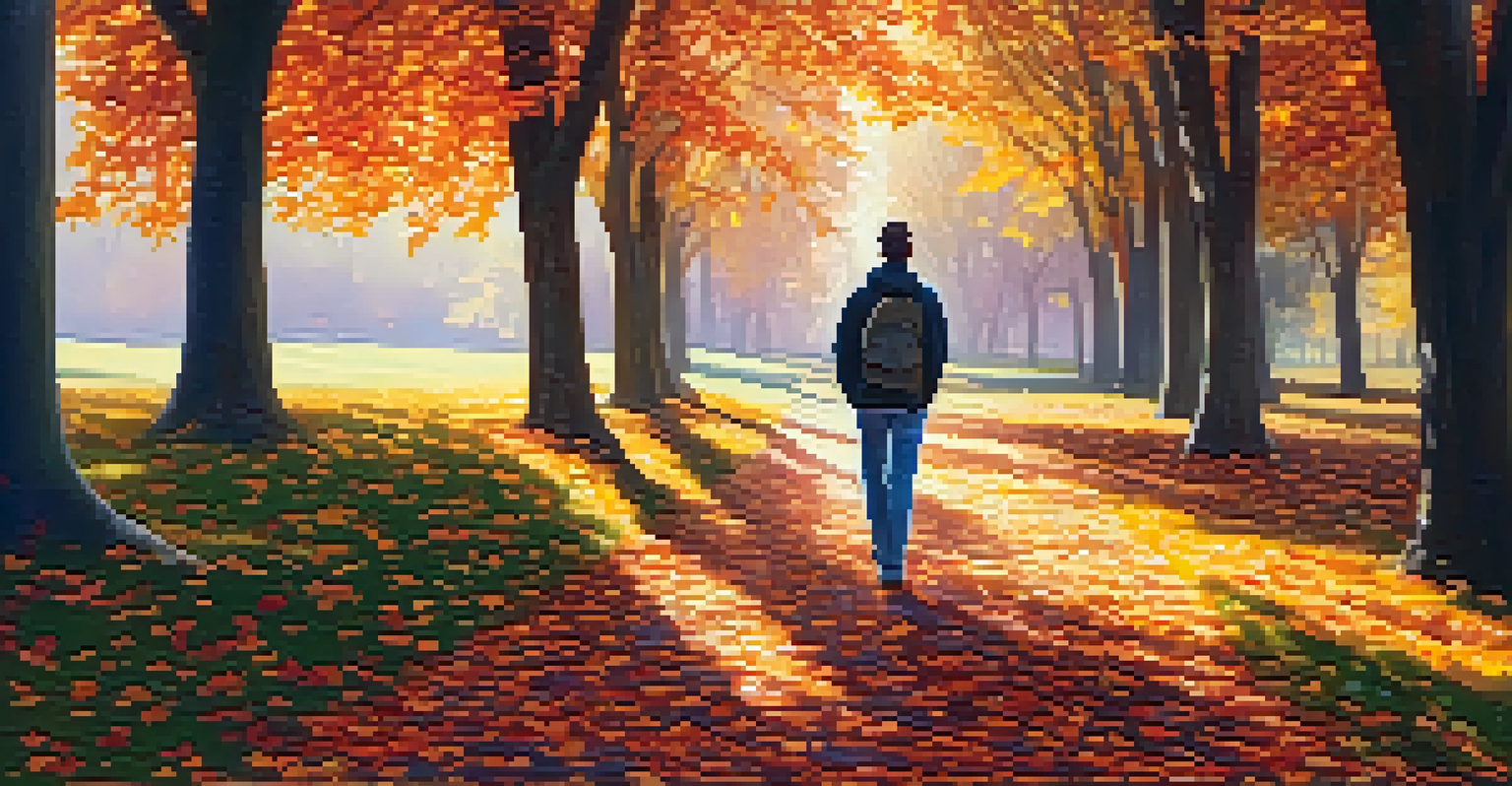 A person practicing mindful walking in an autumn park, surrounded by colorful leaves and dappled sunlight.