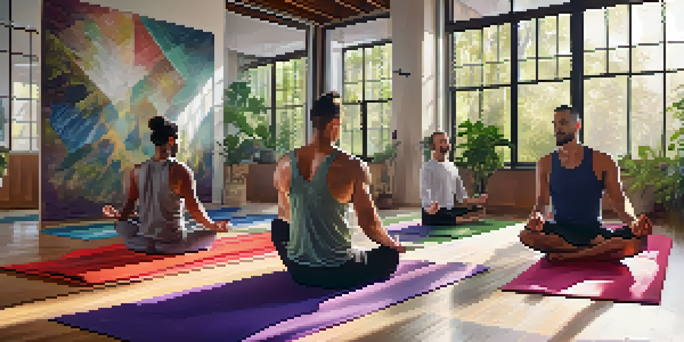 A diverse group of men practicing yoga in a bright indoor studio with large windows and plants.