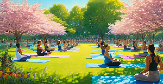 A diverse group of activists practicing yoga in a sunny park, surrounded by flowers and trees, showcasing poses that symbolize strength and balance.
