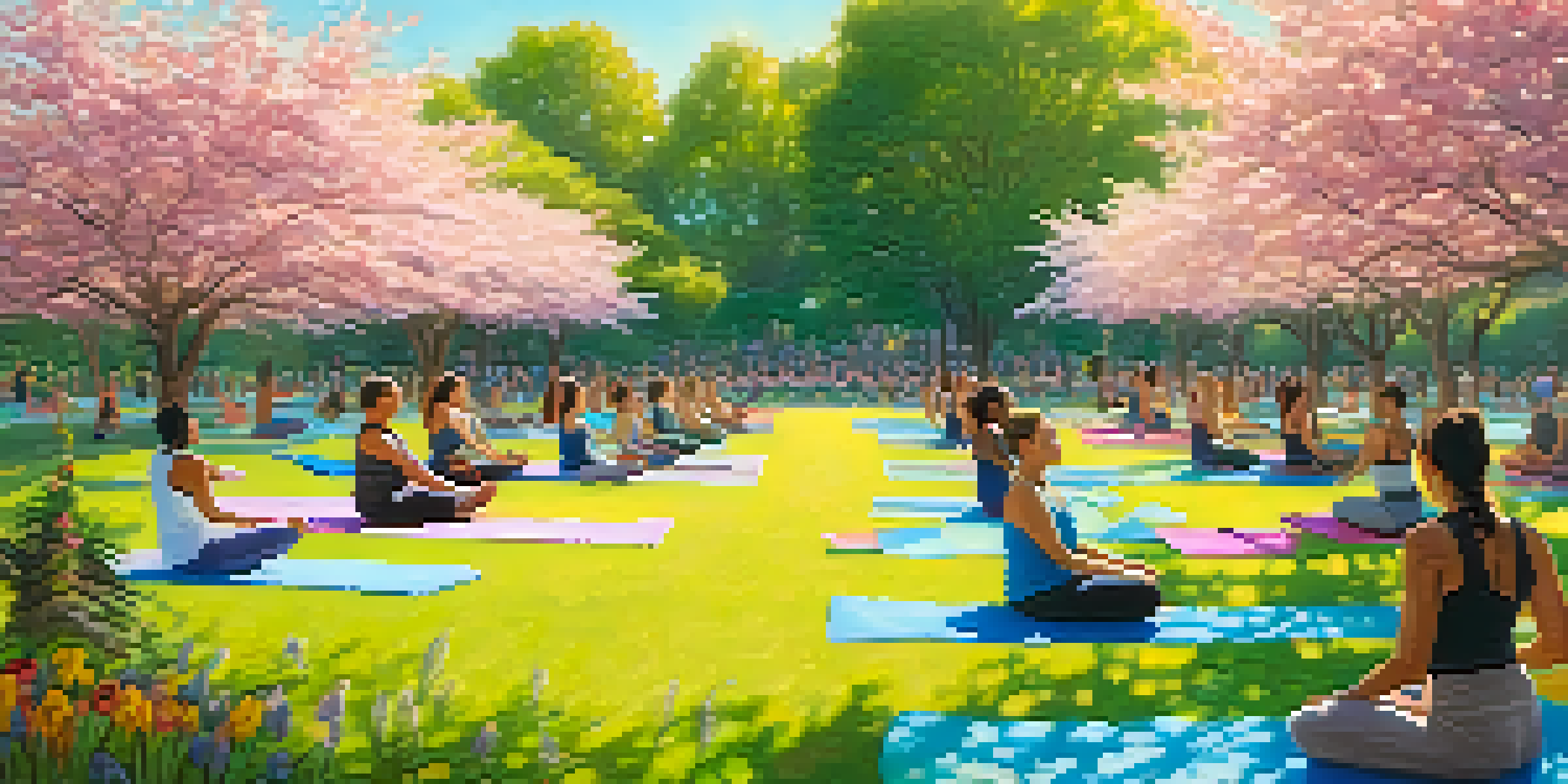 A diverse group of activists practicing yoga in a sunny park, surrounded by flowers and trees, showcasing poses that symbolize strength and balance.