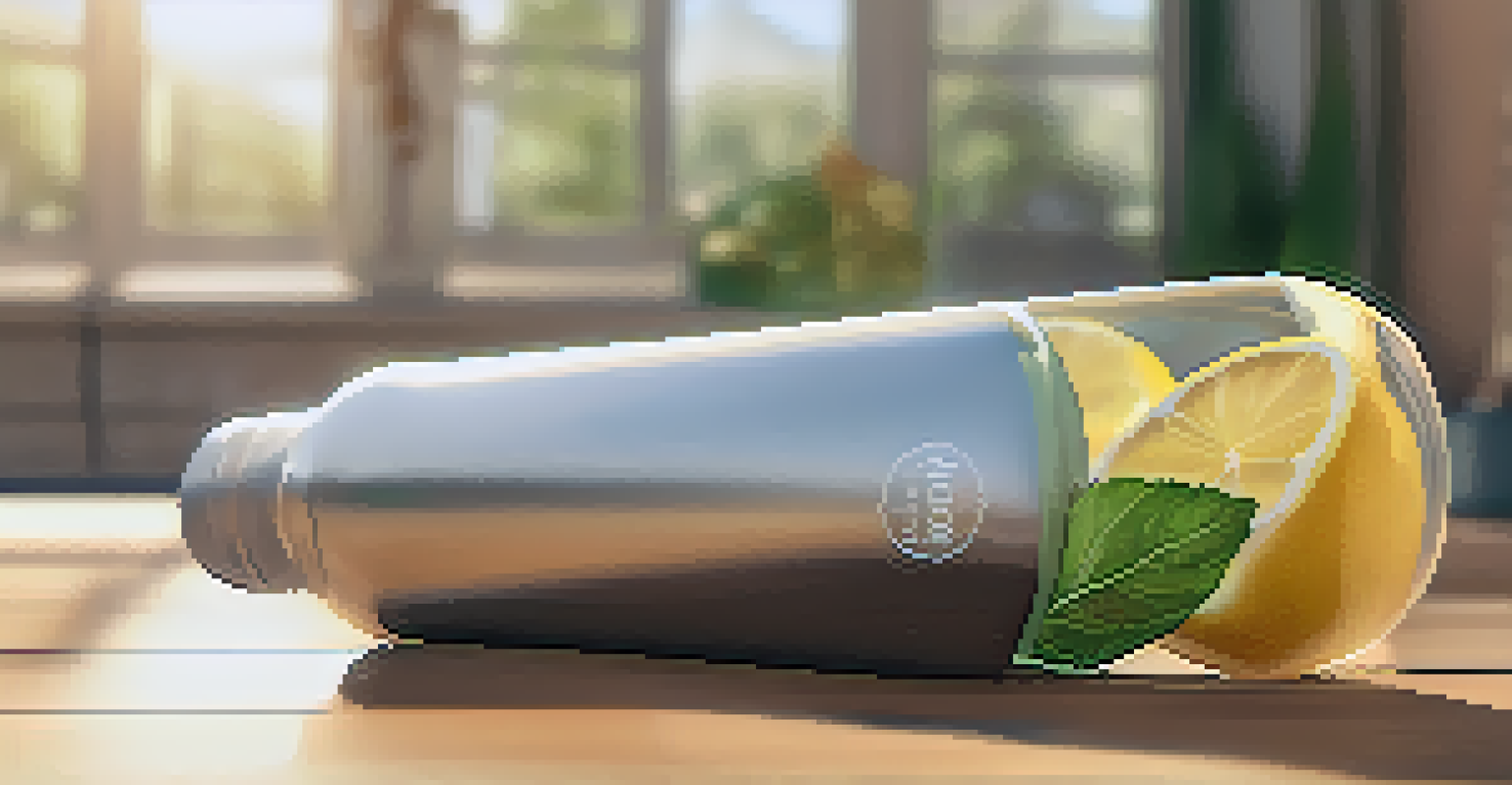 A reusable water bottle filled with infused water on a yoga mat, surrounded by eco-friendly props.