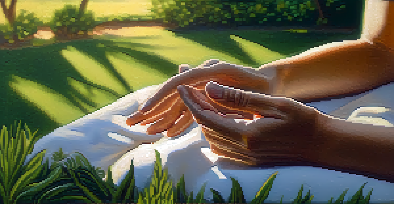 A close-up of hands in a mudra position with a sunset glow, set against a blurred backdrop of a green park.